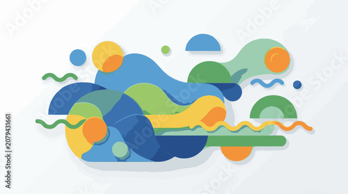 Abstract flowing shapes and circles in blue green orange and yellow
