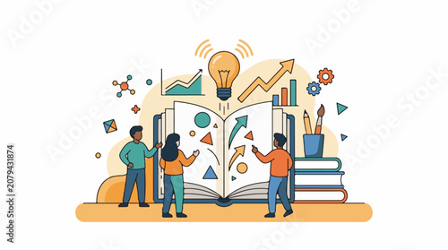 Team collaboration on an open book with growth charts lightbulb and art supplies