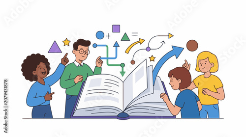 Four diverse people learning from an open book with abstract shapes and arrows