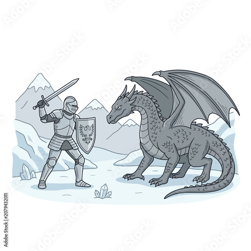 Fényképezés Brave knight in full armor battling a fierce dragon in a snowy mountainous fantasy landscape illustration