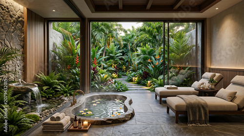 Luxury indoor tropical spa with hot tub pool and lounge chairs surrounded by lush green jungle plants.