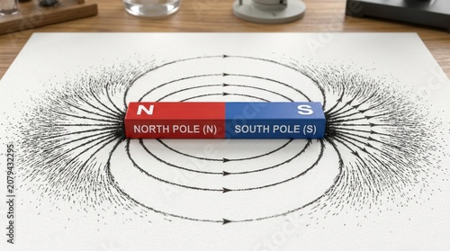 A magnetic field created by a bar magnet on a piece of paper.