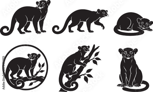 Tableau sur toile Kinkajou Silhouette Icon Set Collection Black Vector Arboreal Mammal Wildlife Sy