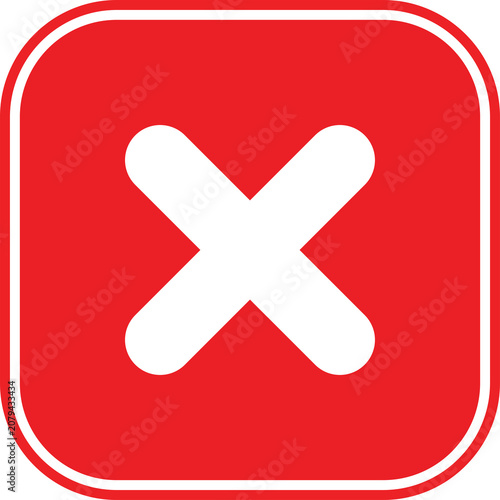 Red square icon with a white cross mark sign isolated on transparent background