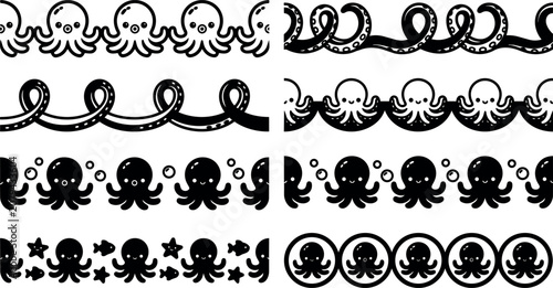 Black and white seamless octopus and tentacle border vector art