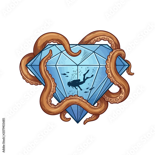 Slika na platnu Octopus tentacles embracing a blue diamond with an underwater scene of a diver and fish inside