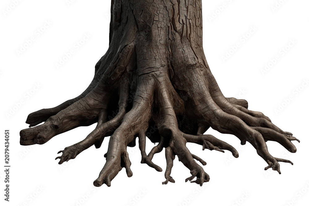 Fototapeta premium Tree roots and trunk base on transparent background showing stability, growth, and natural organic foundation