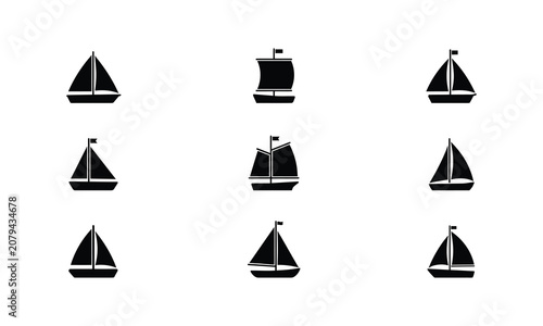 Fotografie Sailing Boat Silhouette Icon Set, Black Vector Sailboat Icons Collection