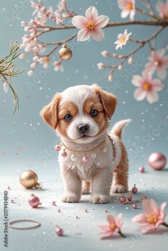 Adorable Puppy With Jewelry Stands Among Cherry Blossoms and Glitter Ornaments