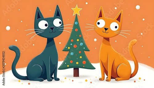 Orange and Blue Cats near Christmas Tree Festive Design