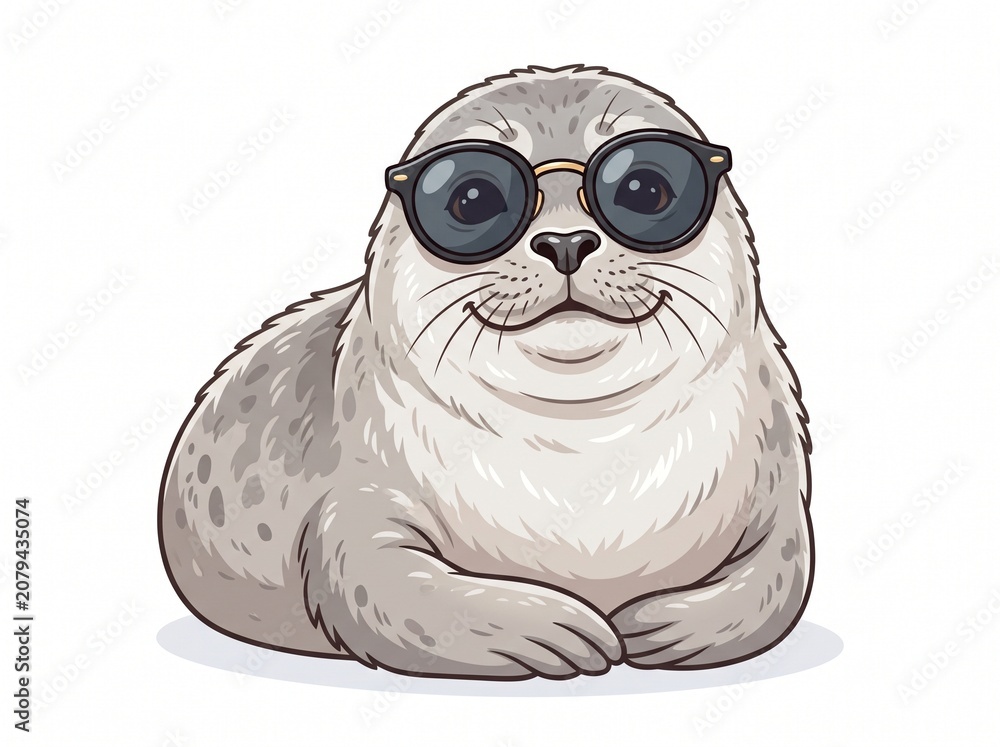 Fototapeta premium A charming illustration of a seal wearing sunglasses gazing forward with a relaxed expression perfect for design projects on transparent background.