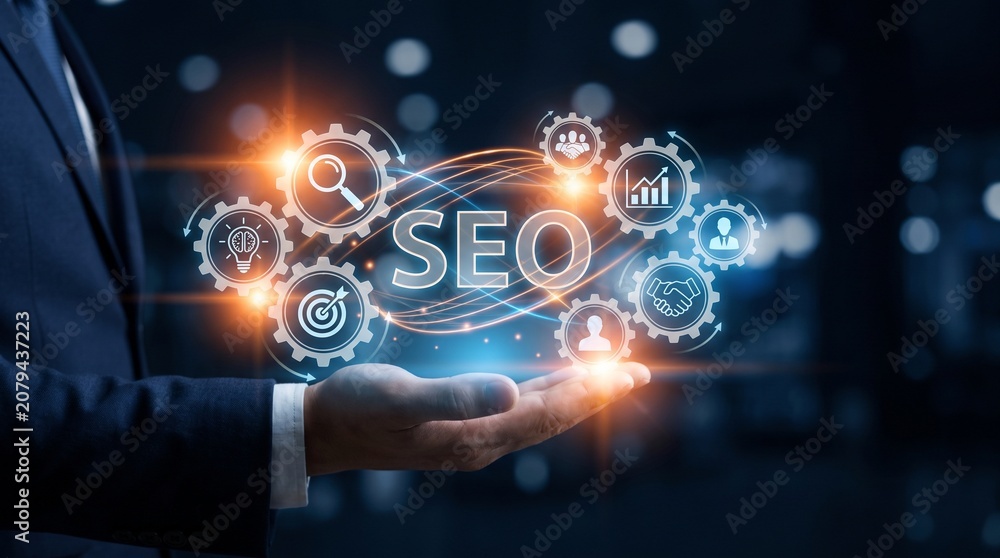 Fototapeta premium Digital hand interacting with glowing SEO hologram in futuristic dark setting with neon lights