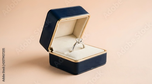 Open jewelry box with diamond ring inside on beige background
