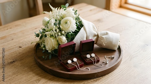 Wedding rings and bouquet on wooden tray with white flowers and lace
