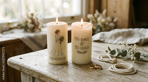 Two lit wedding candles on a rustic wooden table with decorations