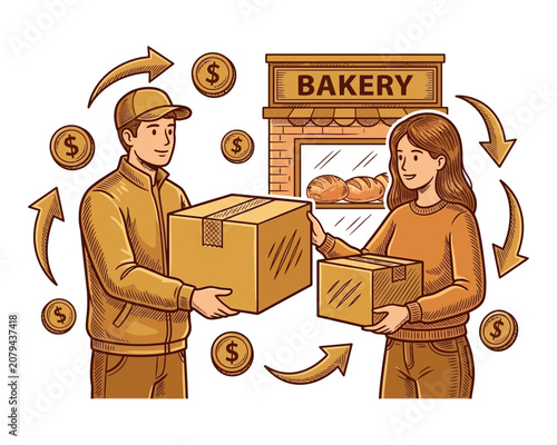 Tableau sur toile A delivery man exchanges packages with a woman in front of a bakery, surrounded by circulating money and arrows, illustrating business transactions