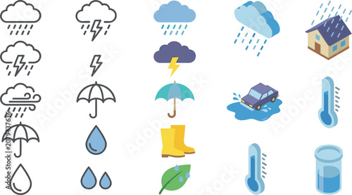Tableau sur toile Weather and Rainy Season Icon Set with Flat Line and Isometric Symbols for Storm