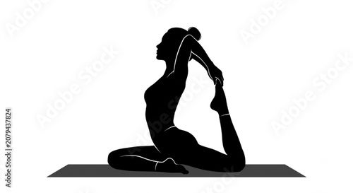 Silhouette of woman practicing pigeon yoga pose on mat vector illustration