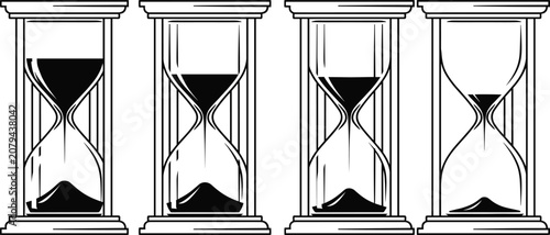 Foto Hourglass progression icons set, black and white vector showing sand flow stages