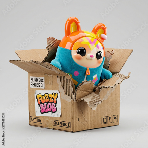Cute Colorful Toy Character in Opened Cardboard Box Mockup
