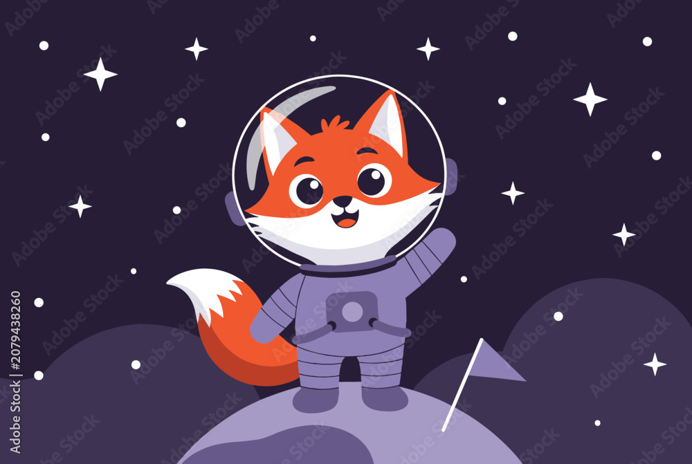 Fototapeta premium Adorable cartoon fox dressed as an astronaut standing on the moon in space, waving its hand surrounded by stars and a flag.