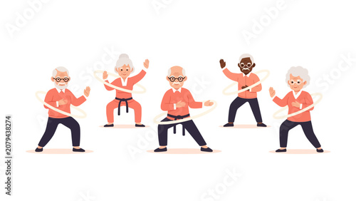Group of diverse senior citizens practicing tai chi and fitness exercises with hoops. Healthy aging and active lifestyle concept in flat vector style.