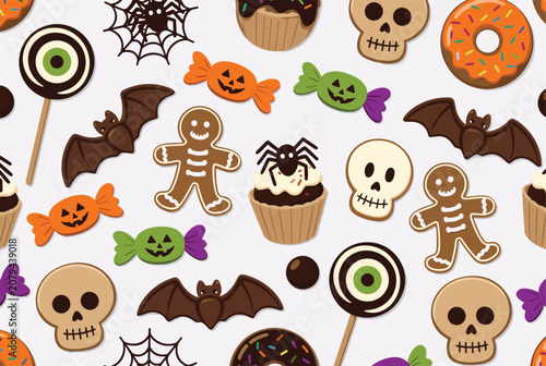 Seamless Halloween pattern filled with spooky sweet treats, skeleton cookies, black bats, and cupcakes.