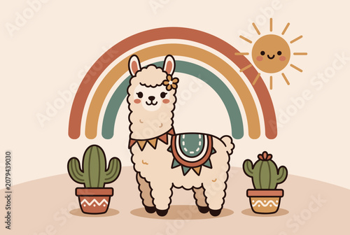 Cute fluffy cartoon llama standing in front of a colorful pastel rainbow and a smiling sun with potted cacti.