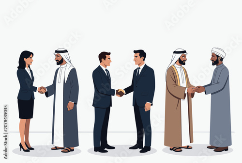 Business partners from diverse cultural backgrounds making successful handshakes in a professional setting.