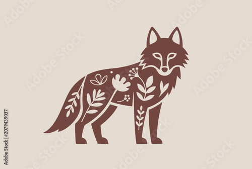 Elegant folk art silhouette of a fox filled with beautiful retro botanical leaves and floral patterns.