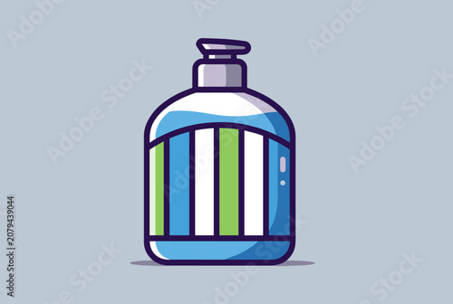 Cute simple vector illustration of a blue liquid soap dispenser bottle with a pump on a grey background.