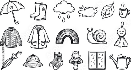 Konstfotografi Rainy Season Cozy Doodle Icon Set with Cute Weather Elements, Clothes, and Autum