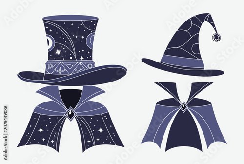 Enchanted magician and wizard costume elements including starry capes, top hat, and pointy witch hat.