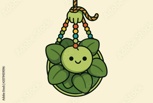 Adorable smiling cartoon houseplant in a decorative hanging pot with colorful beaded hanger strings.