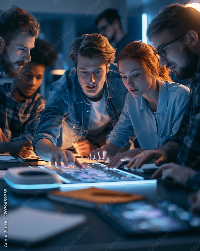 Fototapeta premium A diverse startup team brainstorms around a futuristic sleep device, notebooks, and glowing app screens in a modern office. Innovative, focused mood; soft blue lighting.
