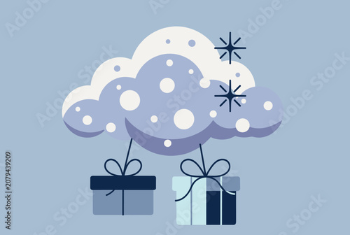 Cute cartoon clouds raining gift boxes in blue background, perfect for holiday greetings and festive designs.