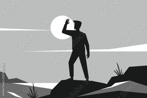 Silhouette of a man standing on a rocky hill and looking at the bright sun in black and white minimalist style.