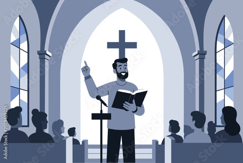 Christian priest holding a holy bible and preaching to the congregation inside a beautiful gothic church.