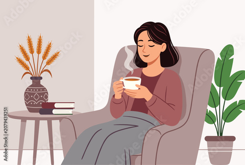 Relaxed woman enjoying a hot steaming beverage while sitting in a cozy armchair covered with a soft blanket at home.