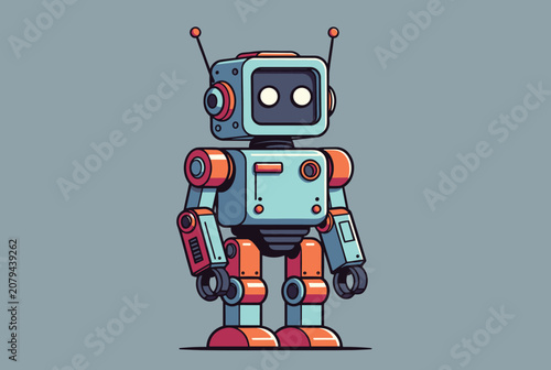 Retro toy robot character with antennas and big glowing eyes standing against a solid gray background.