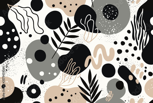 Seamless abstract pattern with organic shapes, botanical leaves, and hand-drawn elements in modern neutral colors.