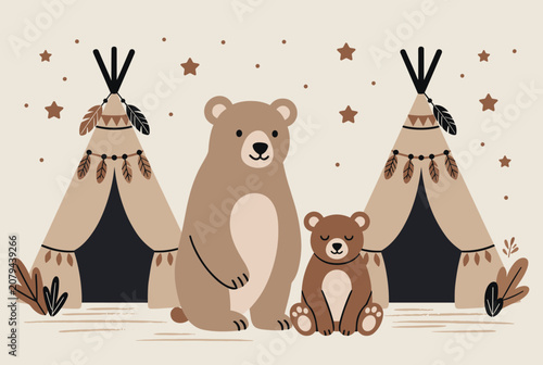 Adorable illustration of a mother and baby bear standing beside native teepee tents under a starry night sky.