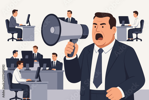 Furious boss shouting through a gray megaphone in a busy office, stressing out his working corporate employees.