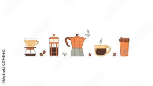 Flat illustration of coffee brewing process with various tools and cup Vector