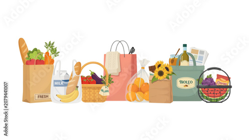 Colorful assortment of grocery bags and fresh produce displayed in a row Vector