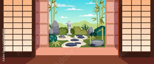 View from traditional japanese house. Zen garden with bamboo, stone lantern and rock path, peaceful calm asian landscape, minimalist outdoor design, tidy vector cartoon isolated concept
