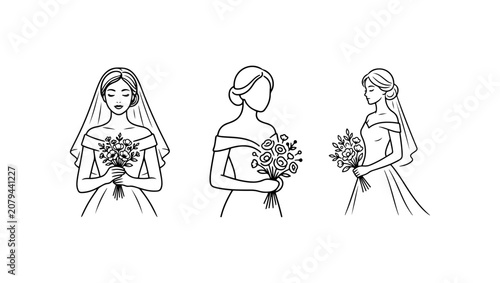 elegant bridal logo with bride holding a wedding bouquet, minimalist vector illustration, luxury feminine branding, black monochrome line art, isolated on white background, bride, wedding, dress, woma