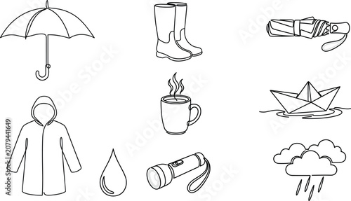 Konstfotografi Rainy Season Minimalist Line Icon Set with Open Umbrella Raincoat Boots Paper Bo