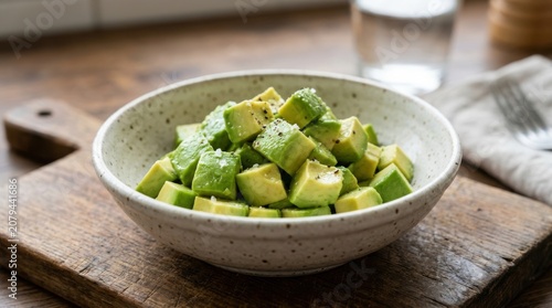 Fresh green avocado cubes served in a simple ceramic bowl on a rustic dark wooden cutting board in a kitchen setting