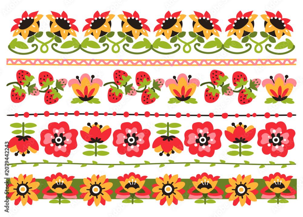 Fototapeta premium Scandinavian folk borders. Floral trims, flowers, berries, decorative ornaments for textiles, packaging and patterns, botanical motifs design elements, splendid vector flat style isolated set
